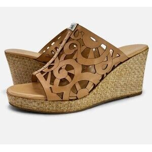Brighton Daria Wedge Sandals sz 9 Tan Slide Heels Paisley Cutouts Luxury Italy